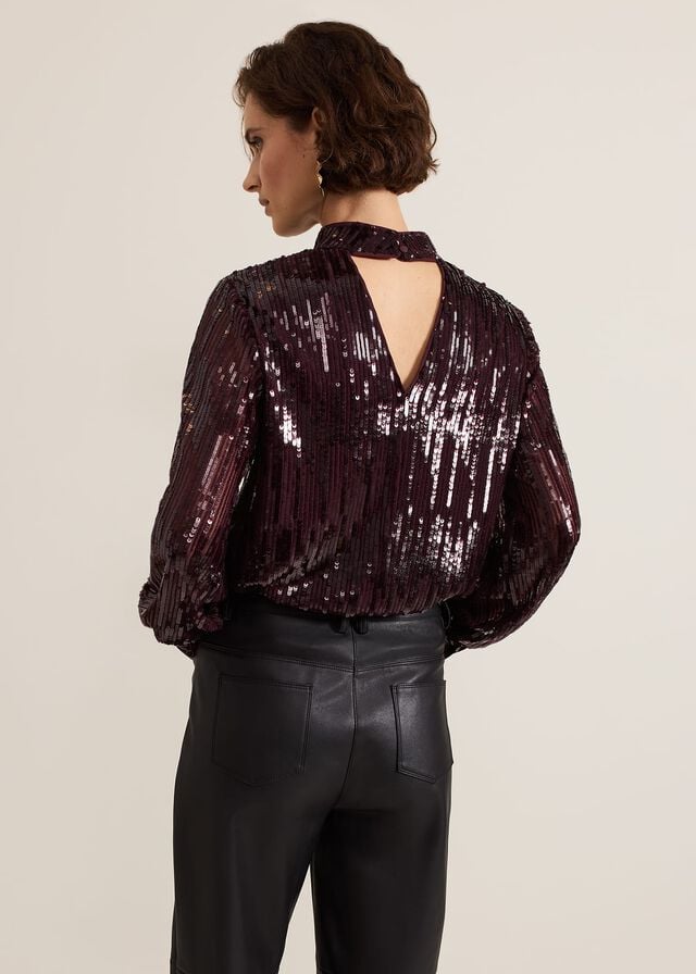 Burgundy Phase Eight Hannah High Neck Sequin Shirts | 0541TABQW