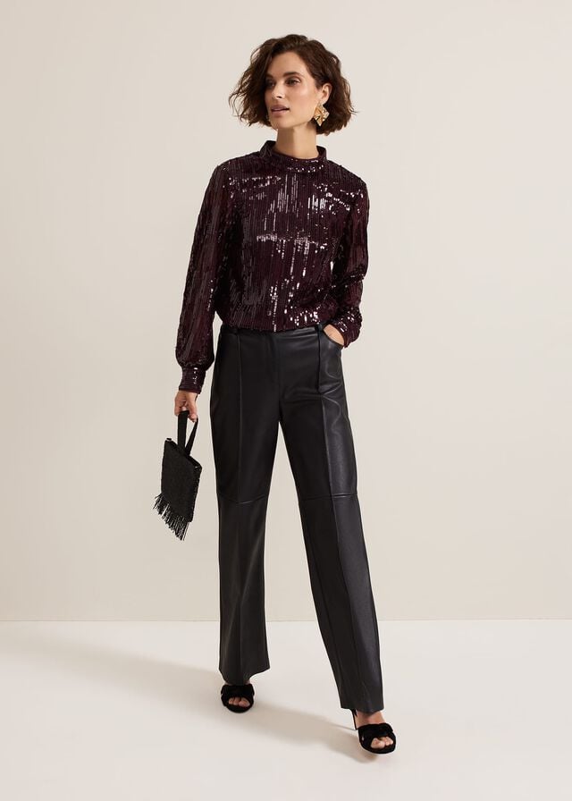 Burgundy Phase Eight Hannah High Neck Sequin Shirts | 0541TABQW