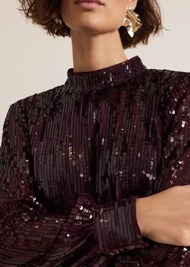 Burgundy Phase Eight Hannah High Neck Sequin Shirts | 0541TABQW