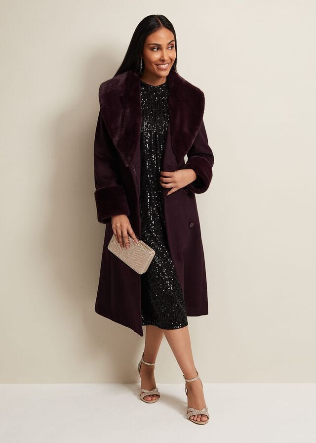 Burgundy Phase Eight Petite Zylah Faux Fur Collar Wool Coats | 7921MKHPJ