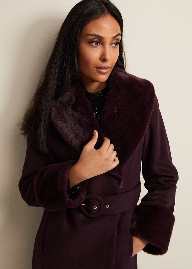 Burgundy Phase Eight Petite Zylah Faux Fur Collar Wool Coats | 7921MKHPJ