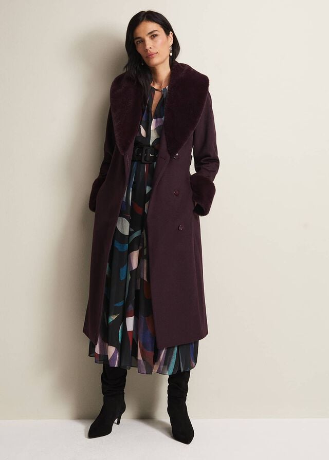 Burgundy Phase Eight Zylah Faux Fur Collar Wool Smart Coats | 4187PRKAO