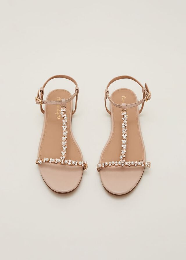 Cream Phase Eight Leather Jewel Trim Flats | 1047ILMVH