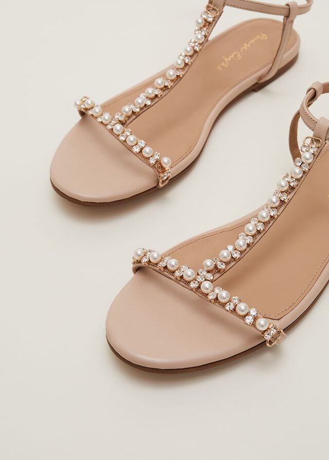 Cream Phase Eight Leather Jewel Trim Flats | 1047ILMVH