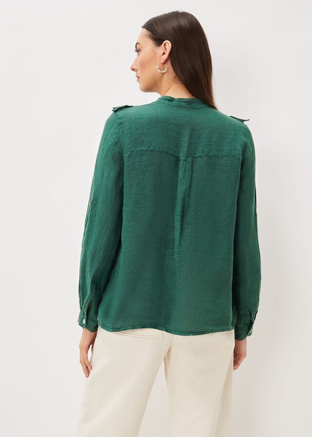 Dark Green Phase Eight Enid Linen Frill Shirts | 2456NWQJG