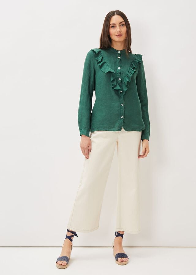 Dark Green Phase Eight Enid Linen Frill Shirts | 2456NWQJG