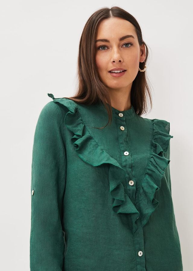 Dark Green Phase Eight Enid Linen Frill Shirts | 2456NWQJG