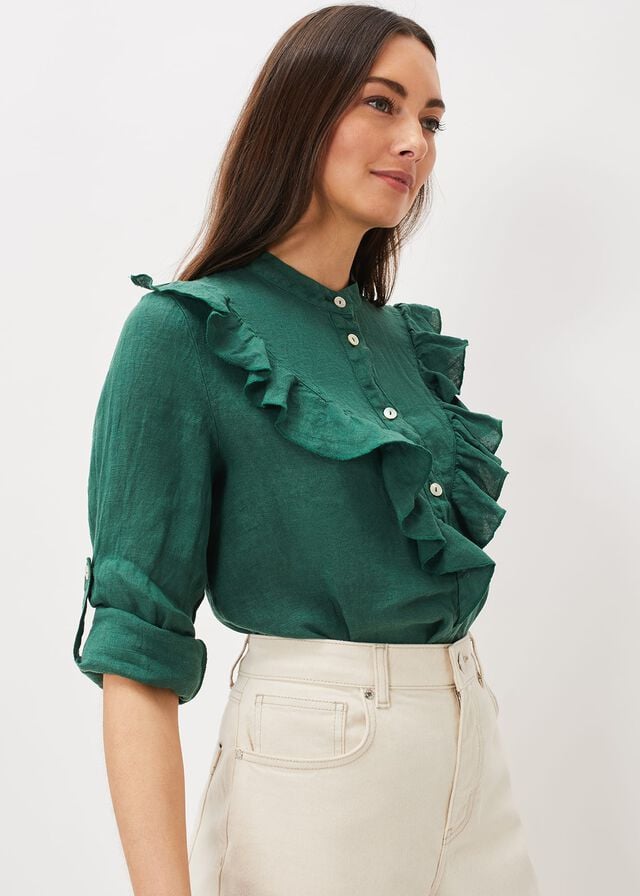 Dark Green Phase Eight Enid Linen Frill Shirts | 2456NWQJG