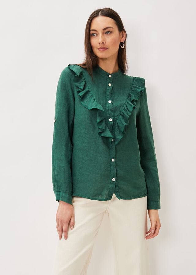 Dark Green Phase Eight Enid Linen Frill Shirts | 2456NWQJG