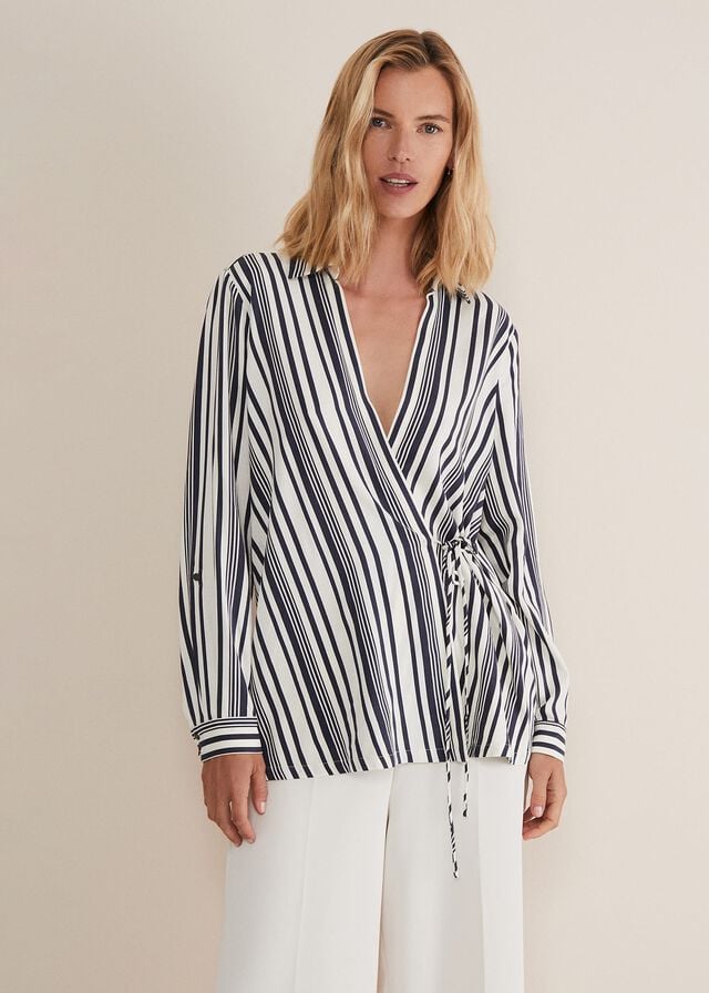 Dark Grey / White Phase Eight Dalila Striped Wrap Shirts | 6058EPSYT