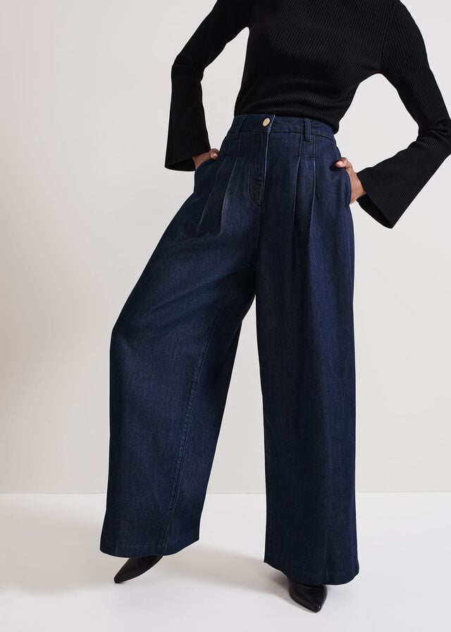 Dark Wash Phase Eight Cerys Denim Wide Leg Trousers | 8196UFBRY