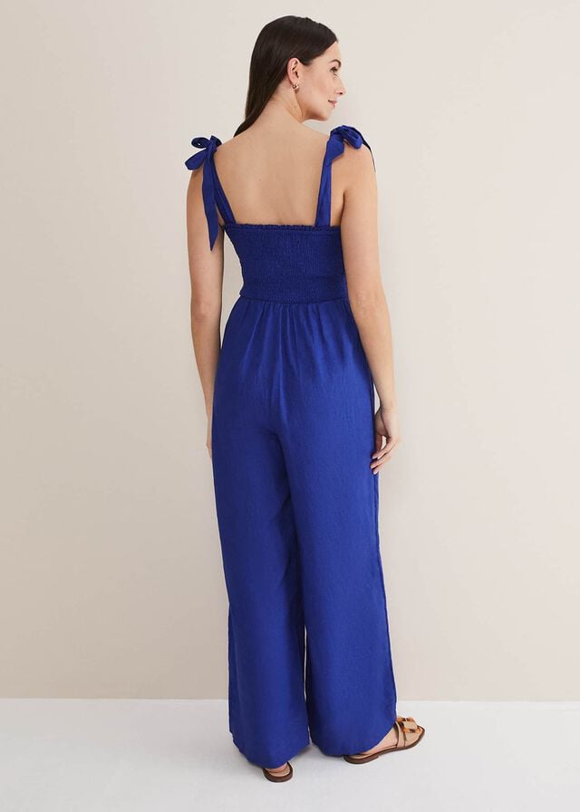 Deep Blue Phase Eight Ona Linen Shirred Wide Leg Jumpsuit | 8915JXERI