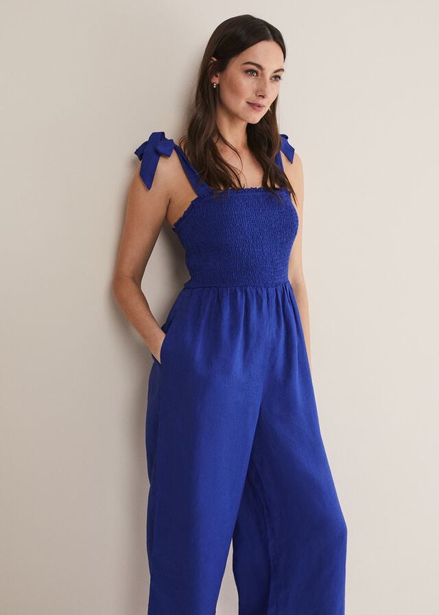 Deep Blue Phase Eight Ona Linen Shirred Wide Leg Jumpsuit | 8915JXERI