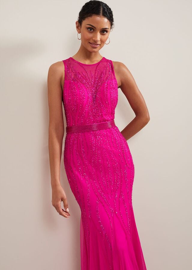 Fuchsia Phase Eight Rowena Beaded Dress | 3879LZAIV