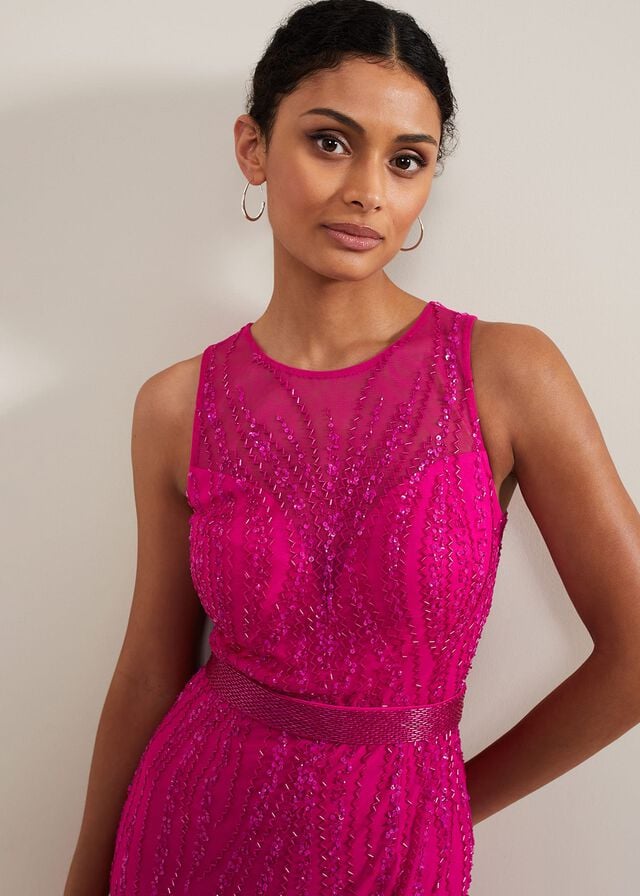 Fuchsia Phase Eight Rowena Beaded Dress | 3879LZAIV