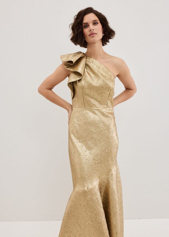 Gold Phase Eight Deniz One Shoulder Jacquard Dress | 9782NEXZJ