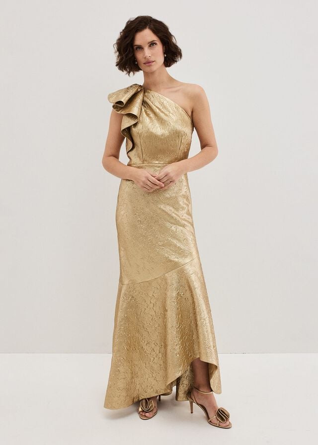 Gold Phase Eight Deniz One Shoulder Jacquard Dress | 9782NEXZJ