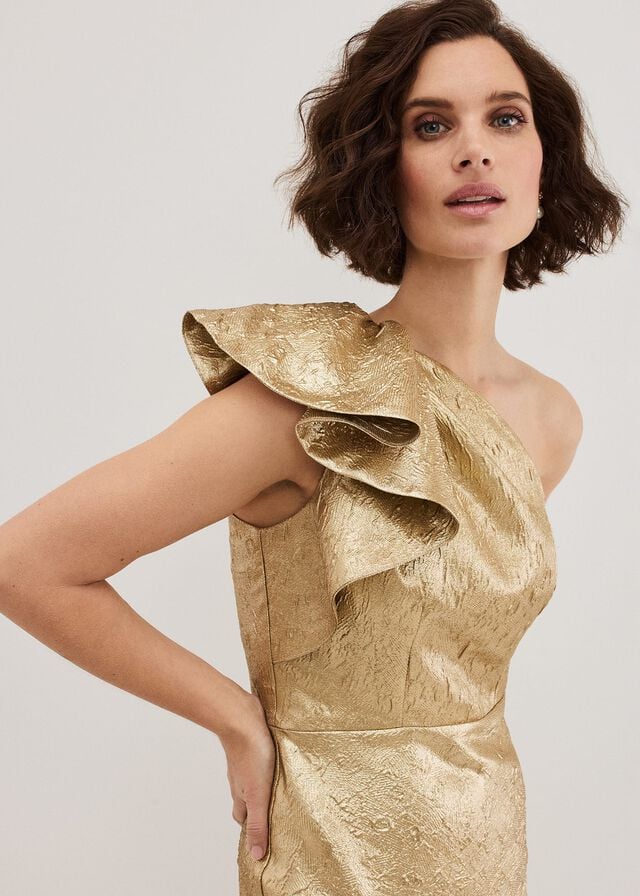 Gold Phase Eight Deniz One Shoulder Jacquard Dress | 9782NEXZJ