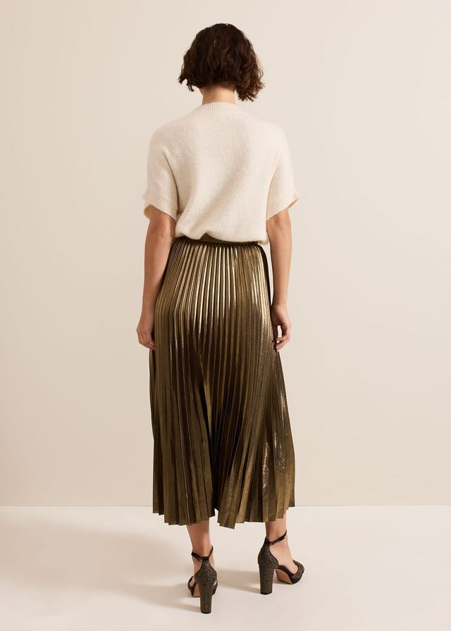 Gold Phase Eight Dhalia Gold Foil Pleated Skirts | 5104KDJYH