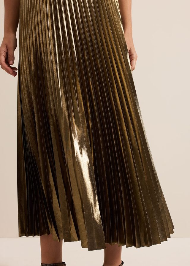 Gold Phase Eight Dhalia Gold Foil Pleated Skirts | 5104KDJYH