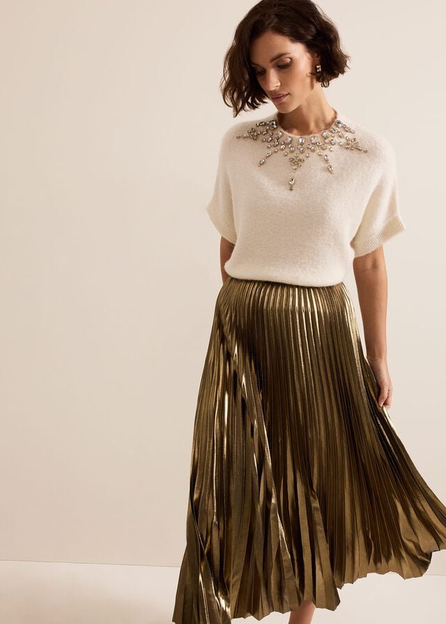 Gold Phase Eight Dhalia Gold Foil Pleated Skirts | 5104KDJYH