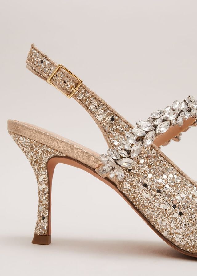 Gold Phase Eight Glitter Embellished Pointed Slingback Heels | 3074FAJNB