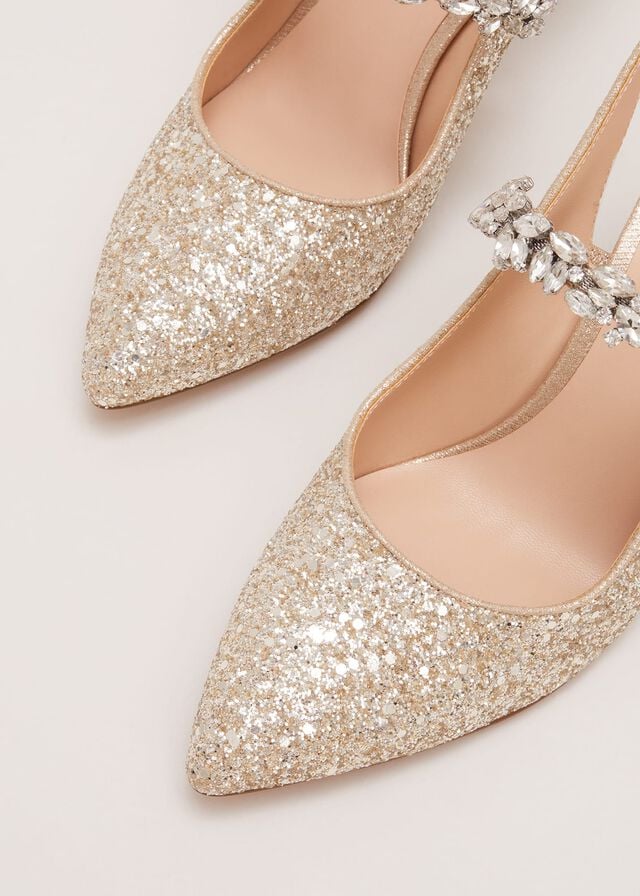 Gold Phase Eight Glitter Embellished Pointed Slingback Heels | 3074FAJNB