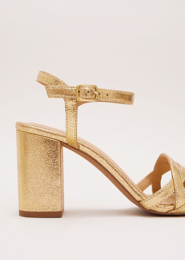 Gold Phase Eight Gold Leather Crossover Block Heels | 4169HGRXF