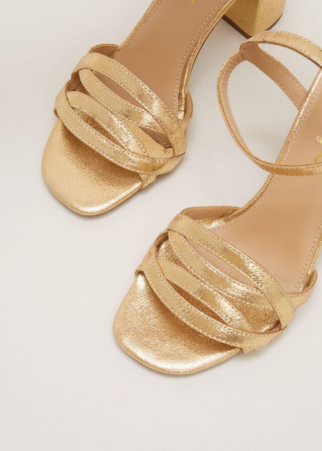 Gold Phase Eight Gold Leather Crossover Block Heels | 4169HGRXF