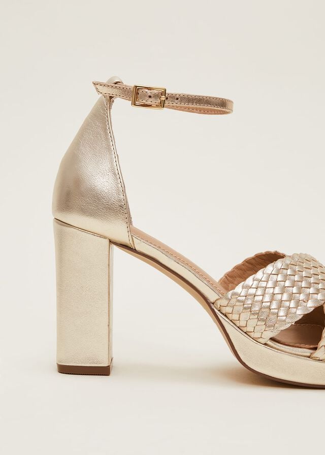 Gold Phase Eight Gold Leather Open Toe Heels | 5293JYNIB