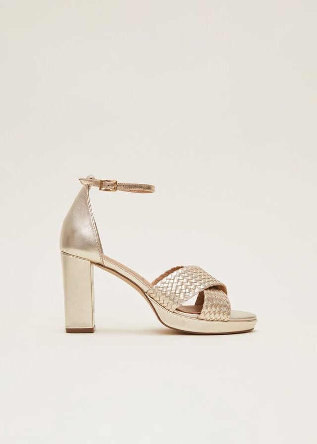 Gold Phase Eight Gold Leather Open Toe Heels | 5293JYNIB