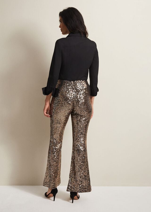 Gold Phase Eight Karmia Gold Sequin Flareds Trousers | 4981NUCKX