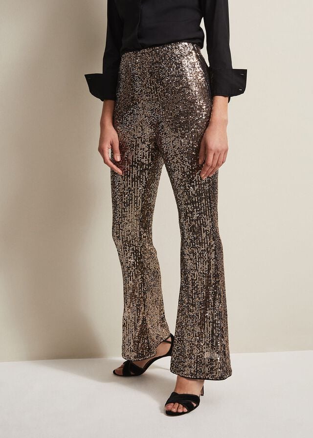 Gold Phase Eight Karmia Gold Sequin Flareds Trousers | 4981NUCKX