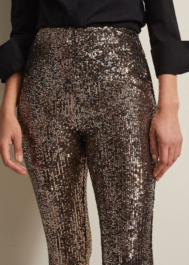 Gold Phase Eight Karmia Gold Sequin Flareds Trousers | 4981NUCKX