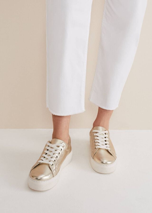 Gold Phase Eight Leather Platform Flats | 0158NQHEK