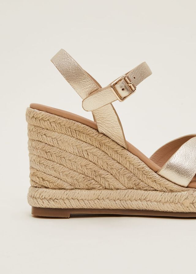 Gold Phase Eight Leather Wedge Espadrilles Heels | 2561CQPFH