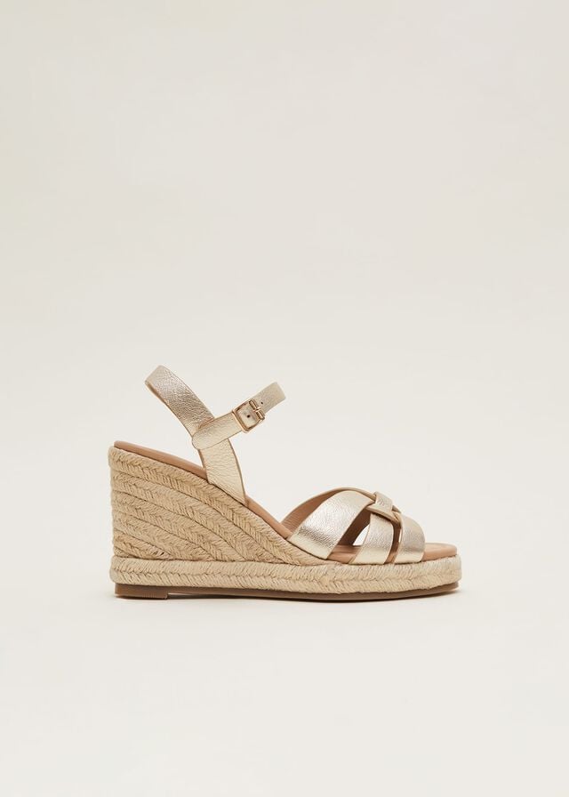 Gold Phase Eight Leather Wedge Espadrilles Heels | 2561CQPFH