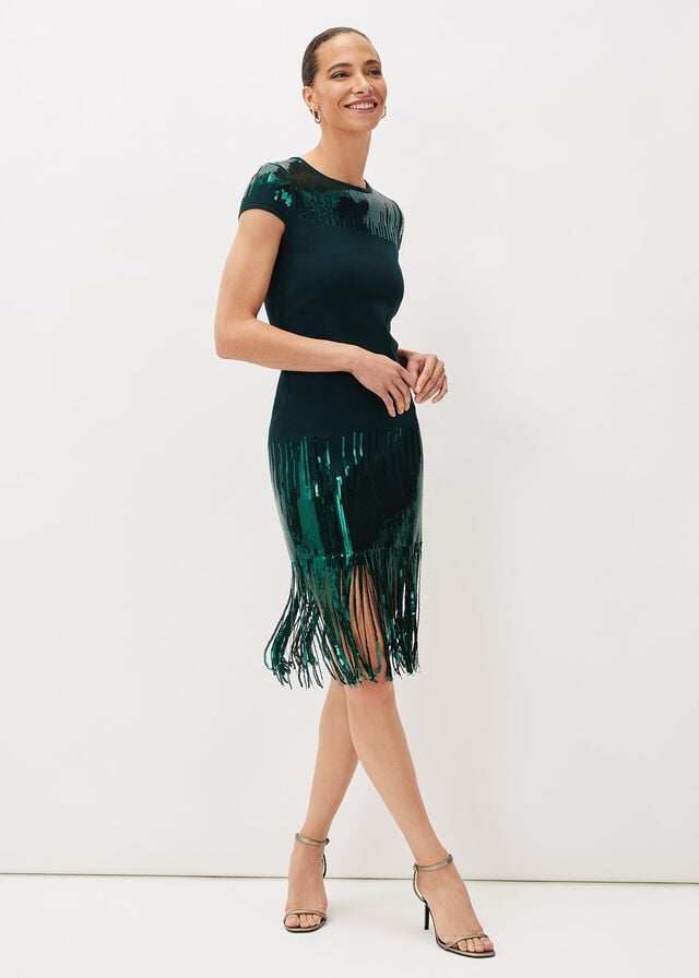 Green Phase Eight Ferne Sequin Fringeted Dress | 0843JZUQP