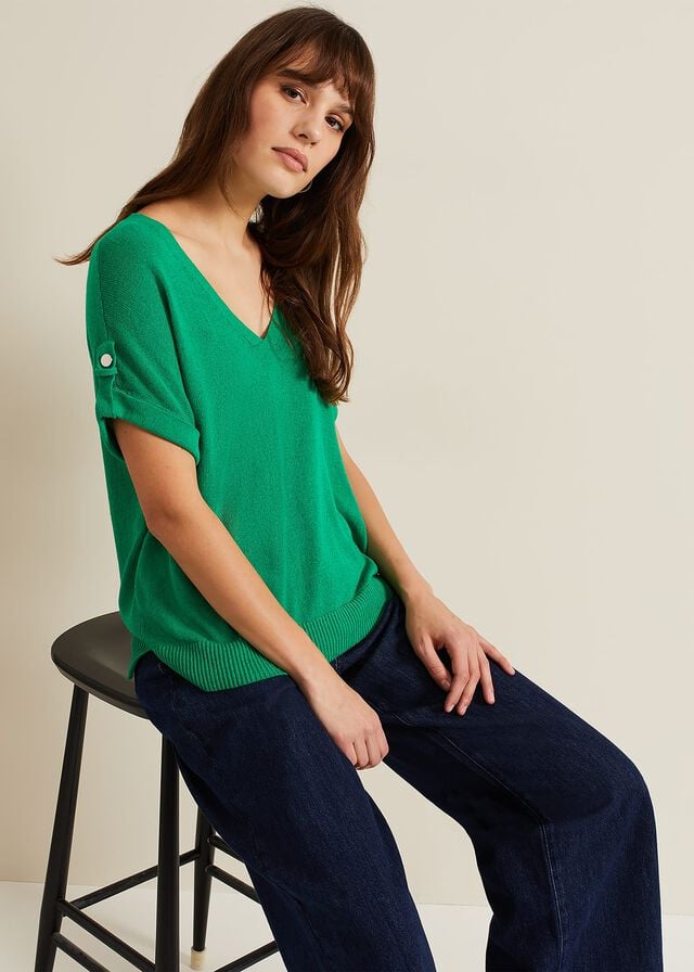 Green Phase Eight Laura Linen Metal Button Tab Knitwear | 0876NVAJC