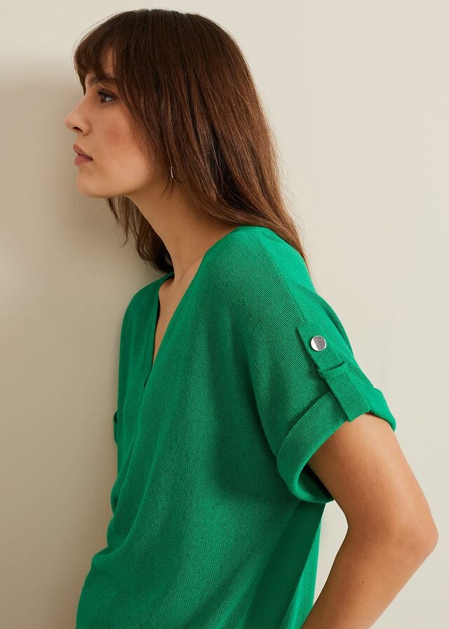 Green Phase Eight Laura Linen Metal Button Tab Knitwear | 0876NVAJC