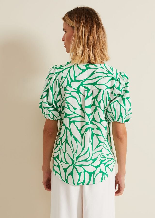 Green / White Phase Eight Louanna Linen Printed Shirts | 6314YKQDL