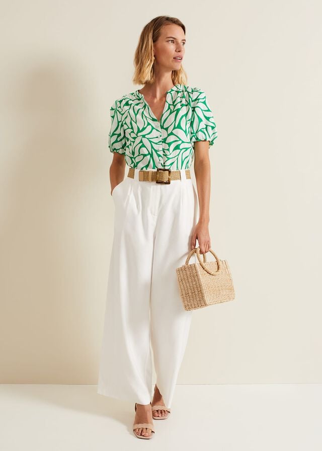 Green / White Phase Eight Louanna Linen Printed Shirts | 6314YKQDL