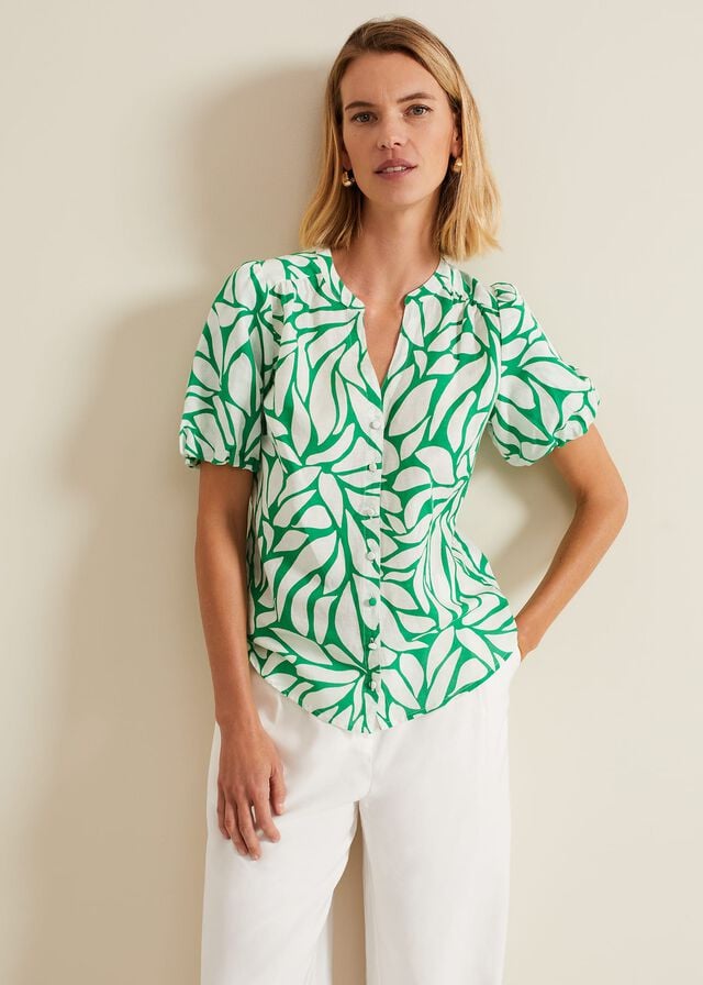 Green / White Phase Eight Louanna Linen Printed Shirts | 6314YKQDL