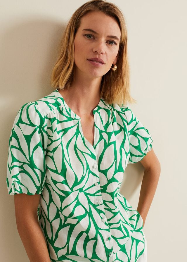 Green / White Phase Eight Louanna Linen Printed Shirts | 6314YKQDL