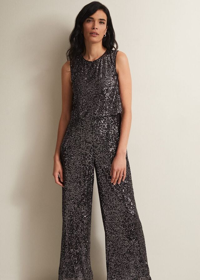 Grey Phase Eight Aubrey Sequin Wide Leg Jumpsuit | 2649BORAS