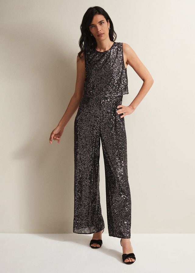 Grey Phase Eight Aubrey Sequin Wide Leg Jumpsuit | 2649BORAS