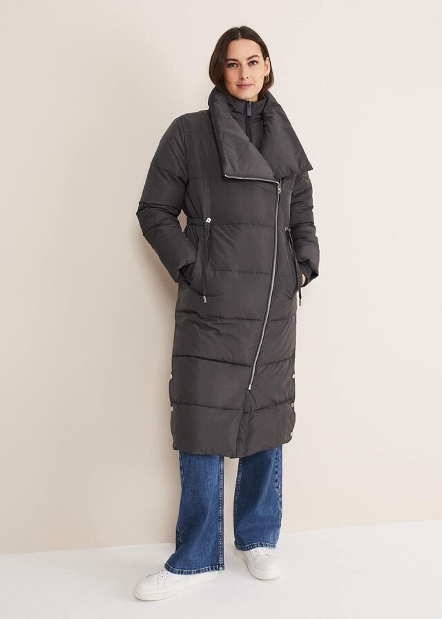 Grey Phase Eight Rae Asymetric Long Puffer Coats | 9457CMSPU