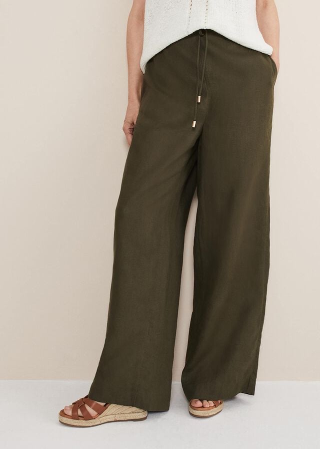 Khaki Phase Eight Lolita Drawstring Linen Trousers | 4187JQEZI