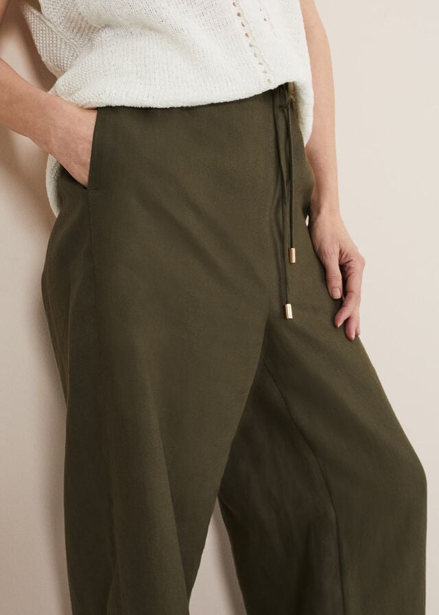 Khaki Phase Eight Lolita Drawstring Linen Trousers | 4187JQEZI