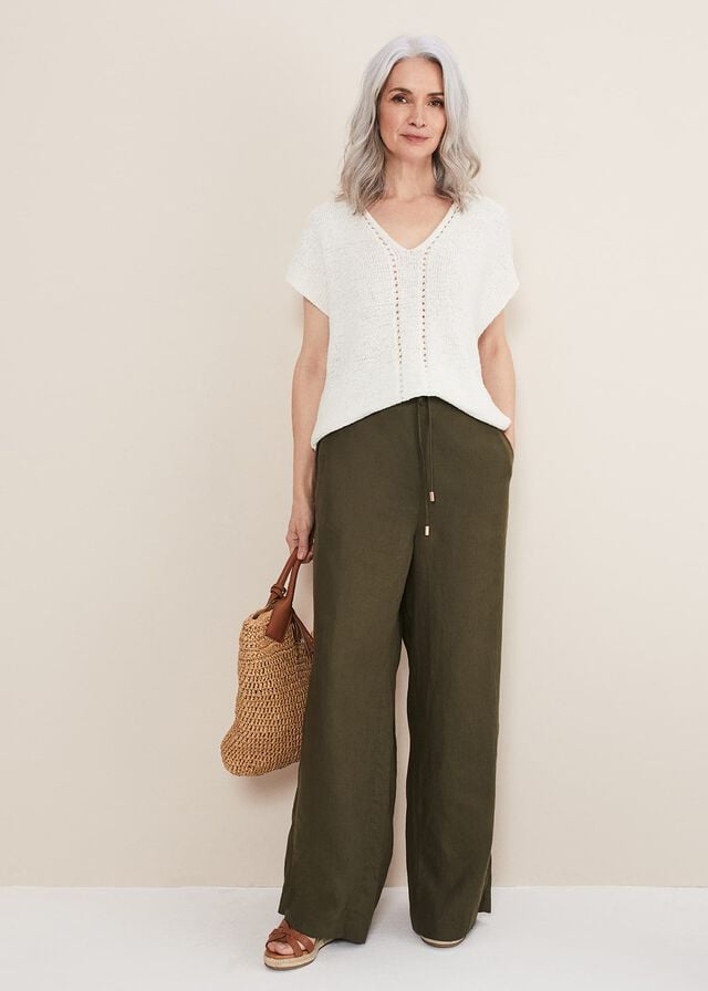 Khaki Phase Eight Lolita Drawstring Linen Trousers | 4187JQEZI